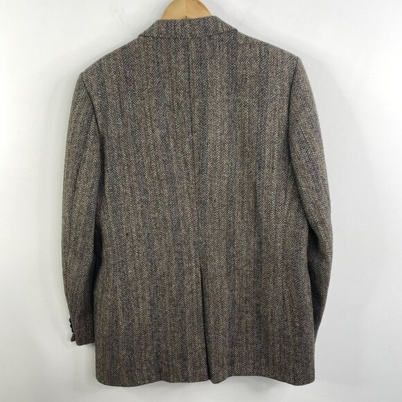 VTG HARRIS TWEED Blazer Sport Coat Jacket Herringbone Wool Size 44L Brown FLAW - Picture 2 of 9